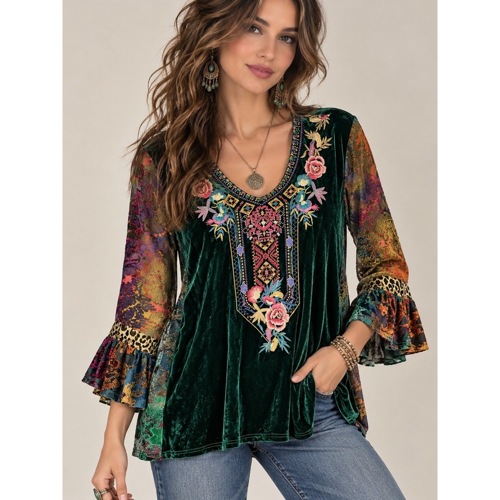 Calessa Green Burnout Velvet Blouse M Embroidered Boho Whimsigoth Artsy Top